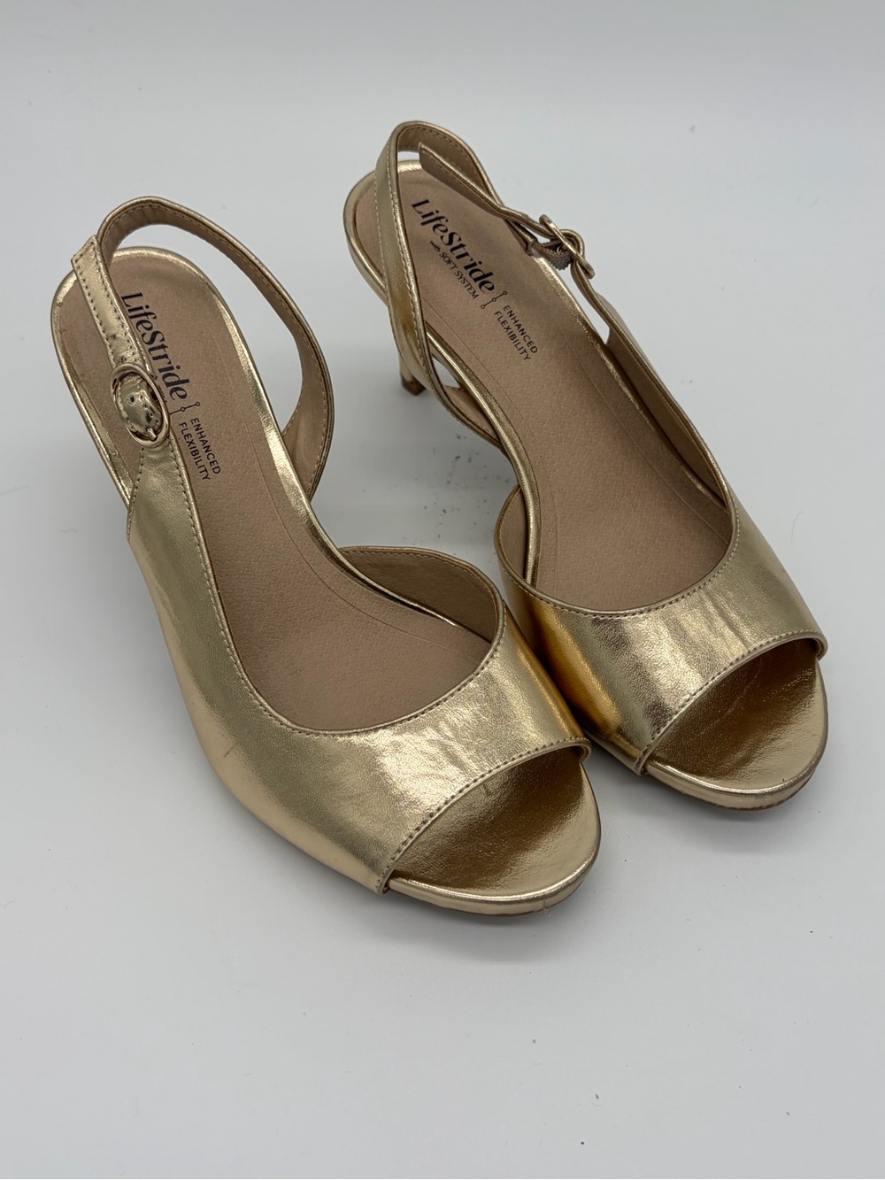 Life Stride Metallic Gold Open-Toe Slingback Heels